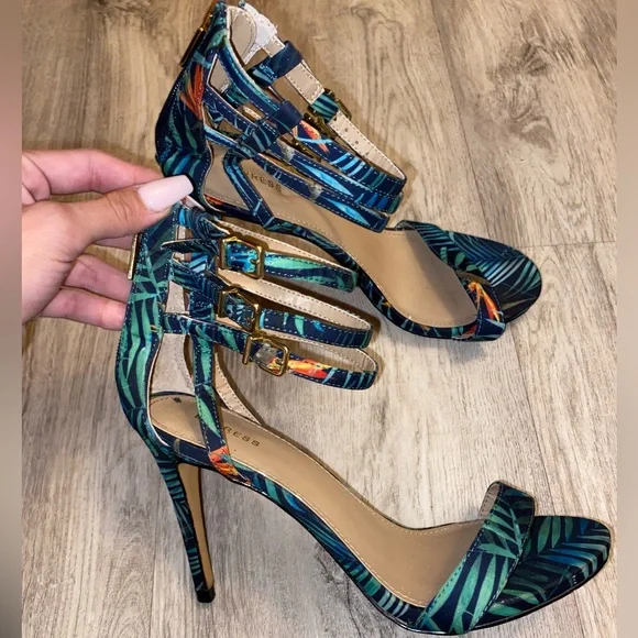 Express Cabana Stiletto High Heels Strappy Blue Green Floral Beach Summer sz 8 - Picture 2 of 11